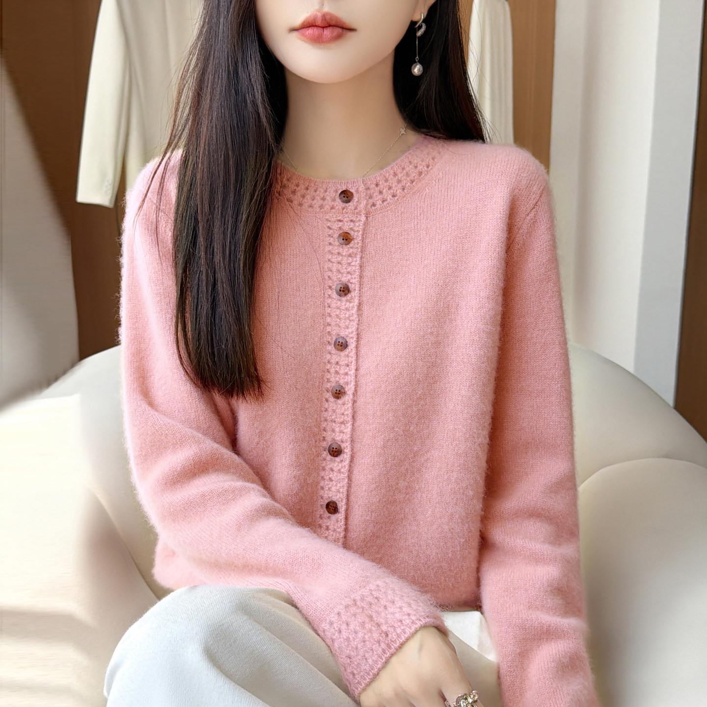 秋冬100%羊毛镂空钩花开衫女外套