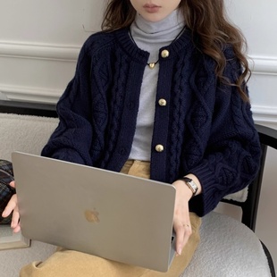 重磅加厚100%纯羊毛开衫女圆领菱形绞花短款外套宽松长袖毛衣外搭