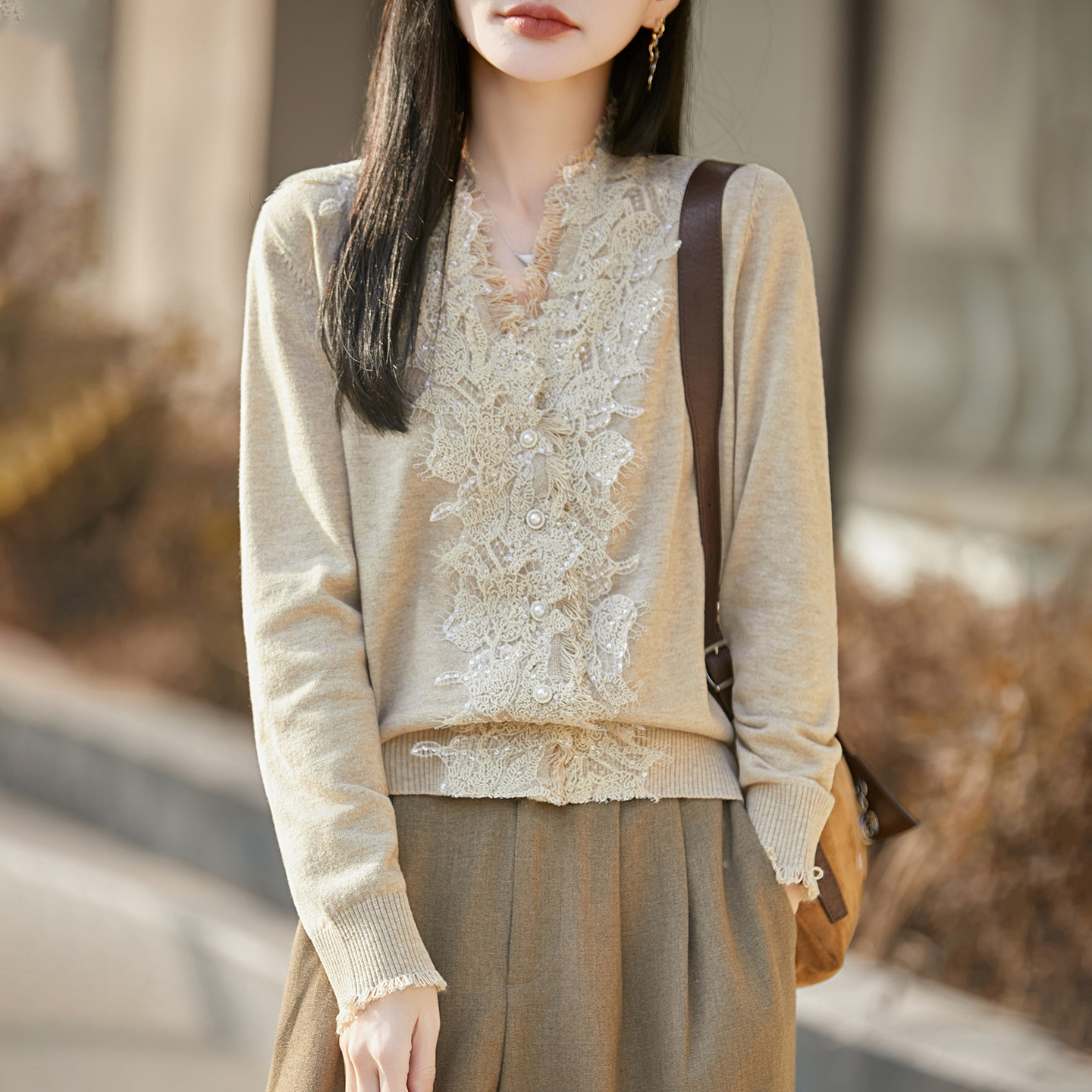 法式V领蕾丝羊毛开衫女流苏外套