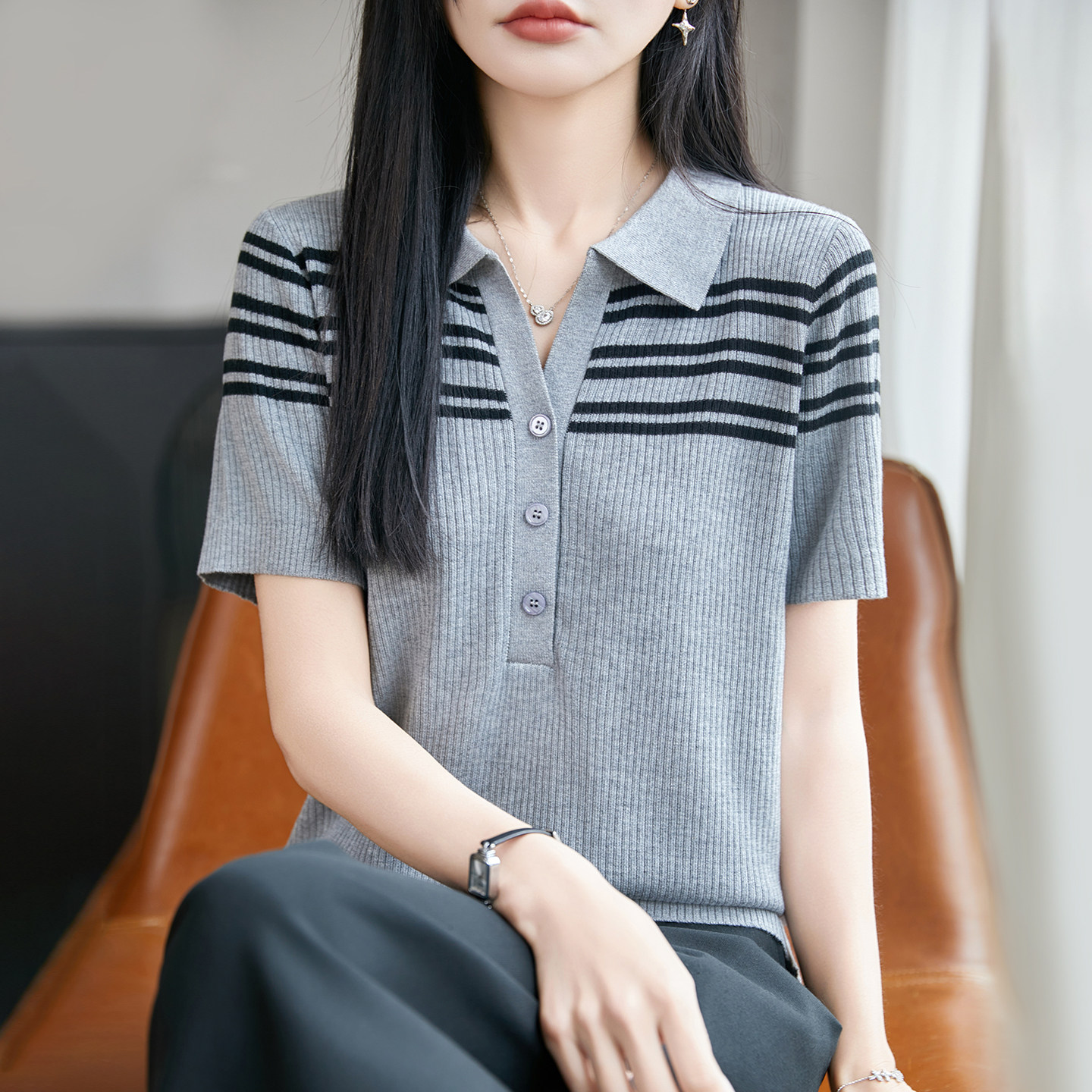 POLO领条纹拼色短袖T恤女精纺羊毛衫针织上衣宽松半袖坑条打底衫