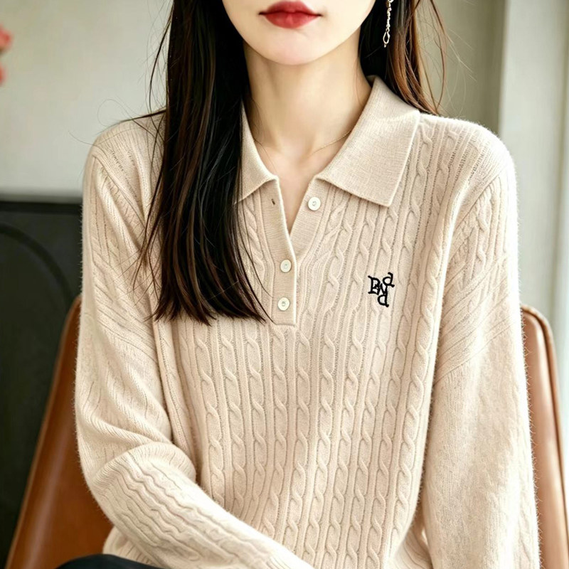 POLO领羊毛绞花女长袖打底衫