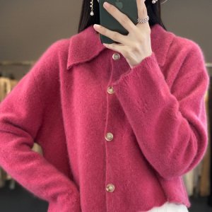23秋冬100%羊绒POLO领开衫女镂空提花短款针织毛衣宽松外套羊毛衫