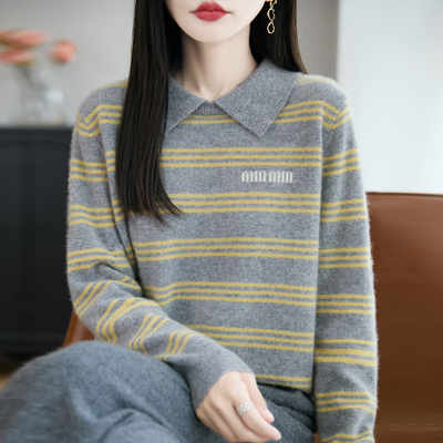 翻领条纹100%纯羊毛衫女针织毛衣