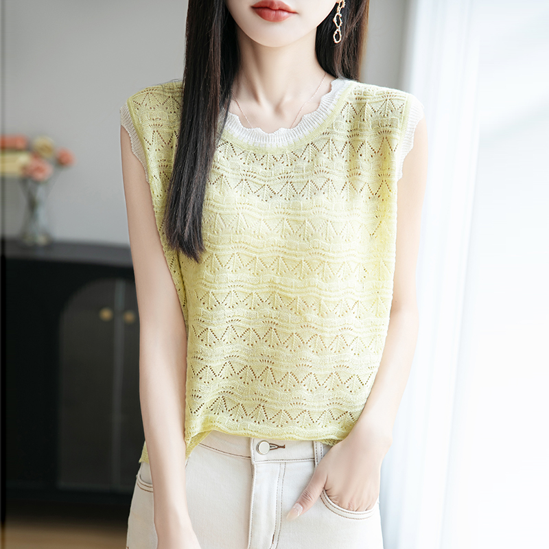 拼色圆领竹节麻针织吊带背心女夏季镂空钩花无袖上衣宽松打底T恤