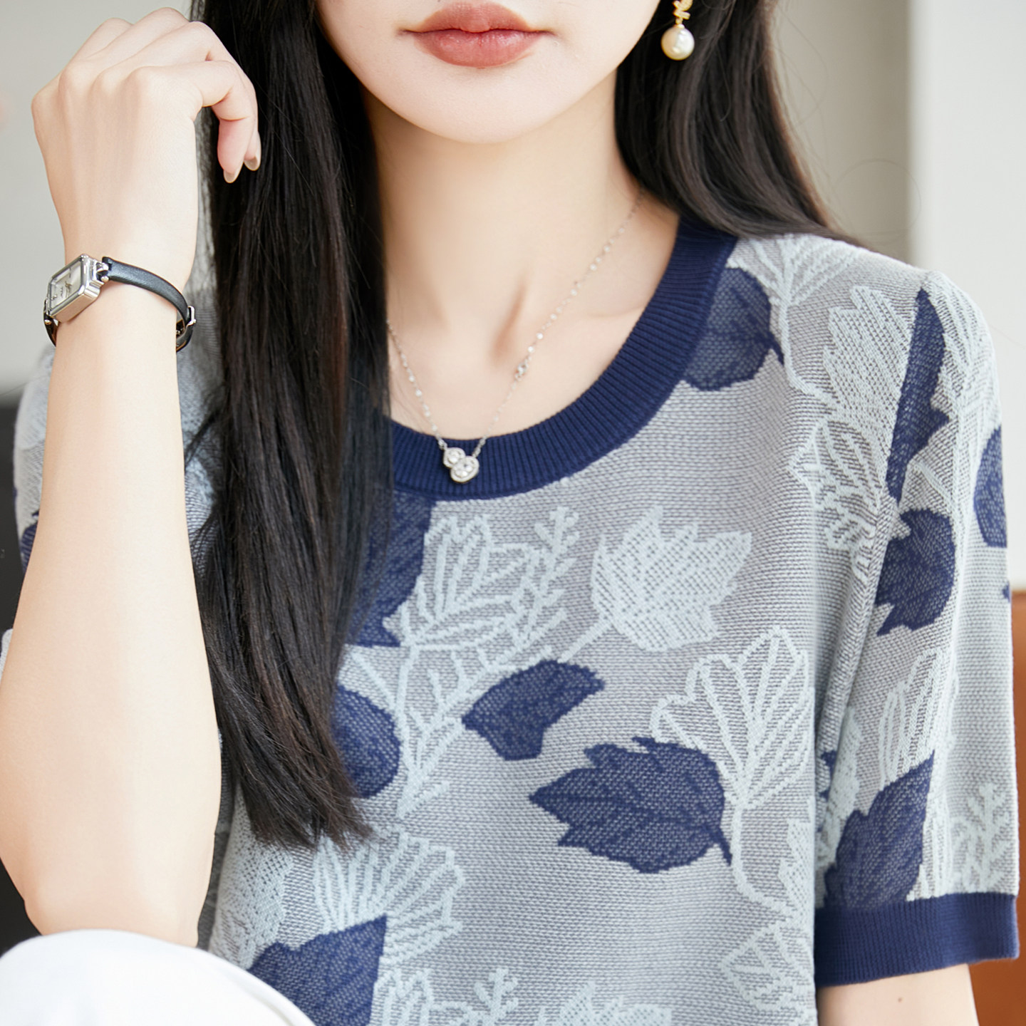 100%莱赛尔天丝针织短袖女圆领树叶拼色提花T恤宽松半袖打底上衣