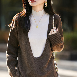 高级感拼色100%纯羊毛衫女圆领大V领长袖针织毛衣宽松打底羊绒衫