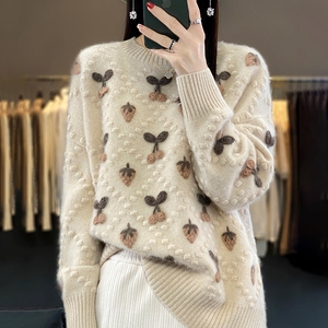 100%纯羊绒衫女圆领草莓钩花拼色毛衣加厚宽松慵懒针织羊毛打底衫