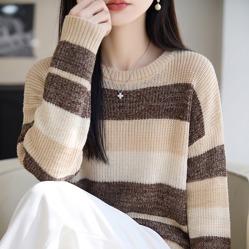 宽松慵懒风撞色条纹羊毛衫打底衫