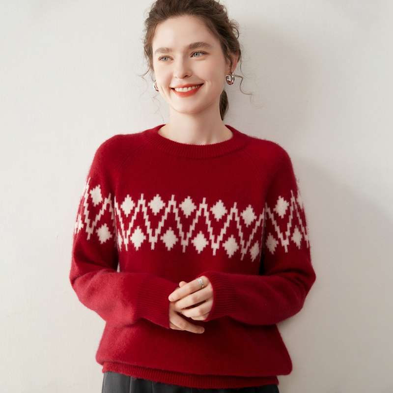 复古拼色加厚提花圆领山羊绒衫