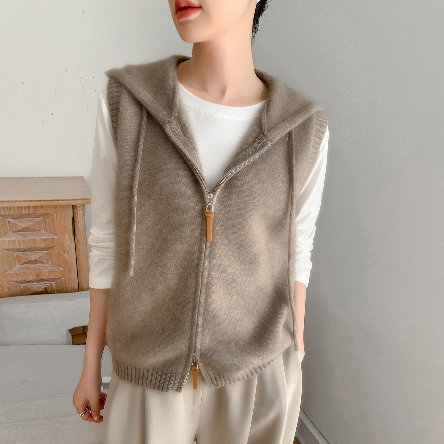 100%纯羊毛衫马甲连帽双拉链开衫