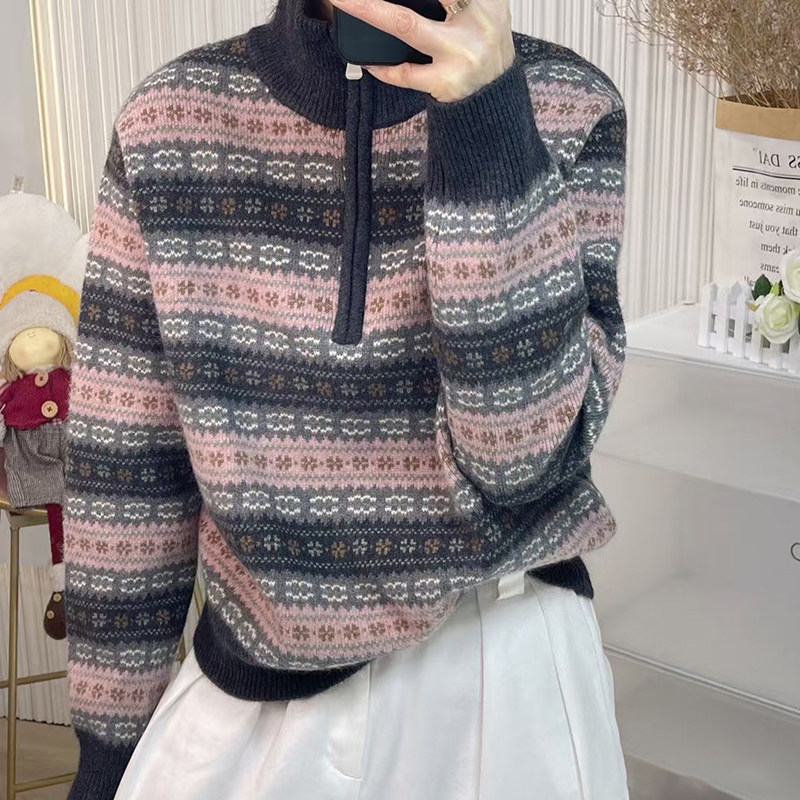 纯羊毛费尔岛提花半拉链高领毛衣