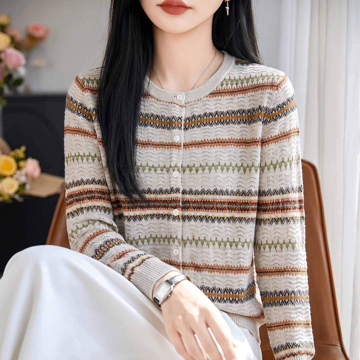 费尔岛提花羊毛撞色条纹开衫外套