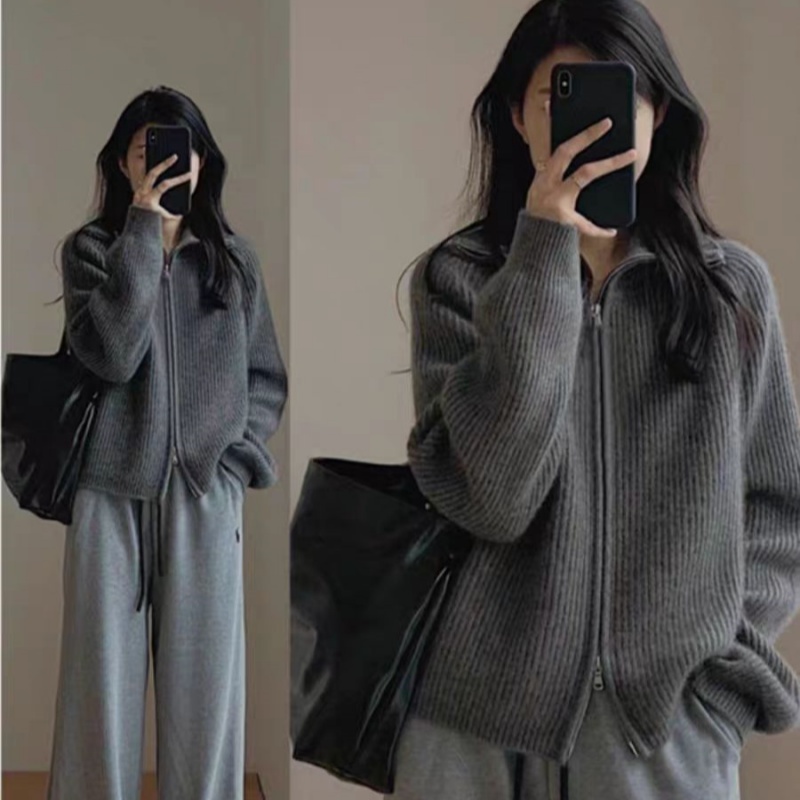 100%纯羊毛开衫女翻领双拉链外套