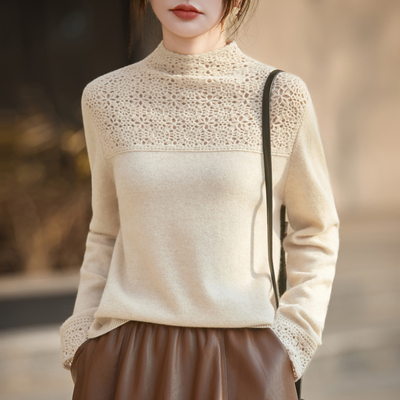 秋冬半高领精纺羊毛衫镂空打底衫