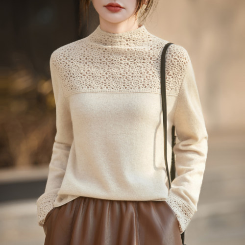 秋冬半高领精纺羊毛衫镂空打底衫