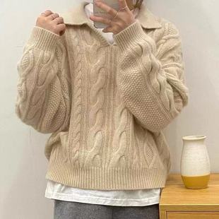 复古麻花100%纯羊毛衫女士加厚POLO领针织毛衣宽松慵懒风羊绒打底