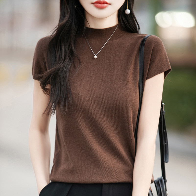 25夏季薄款精纺羊毛衫针织短袖T恤女半高领上衣宽松百搭半袖打底