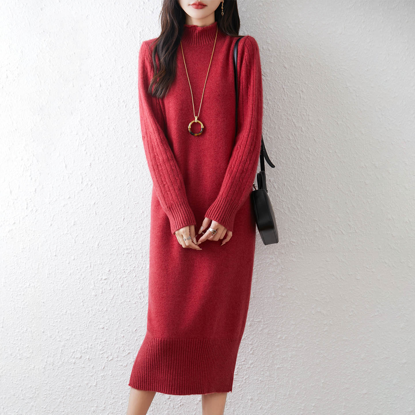 100%纯羊毛保暖针织半高领A字裙