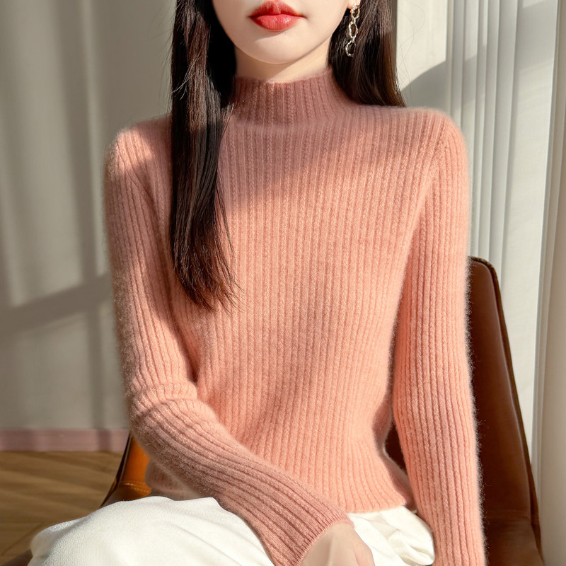 100%纯羊毛衫女半高领小麻花针织毛衣宽松慵懒羊绒衫长袖打底上衣