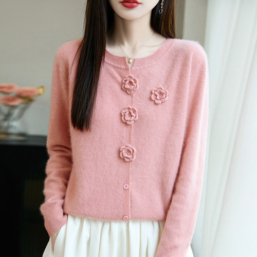 100%纯羊毛开衫圆领刺绣针织外套