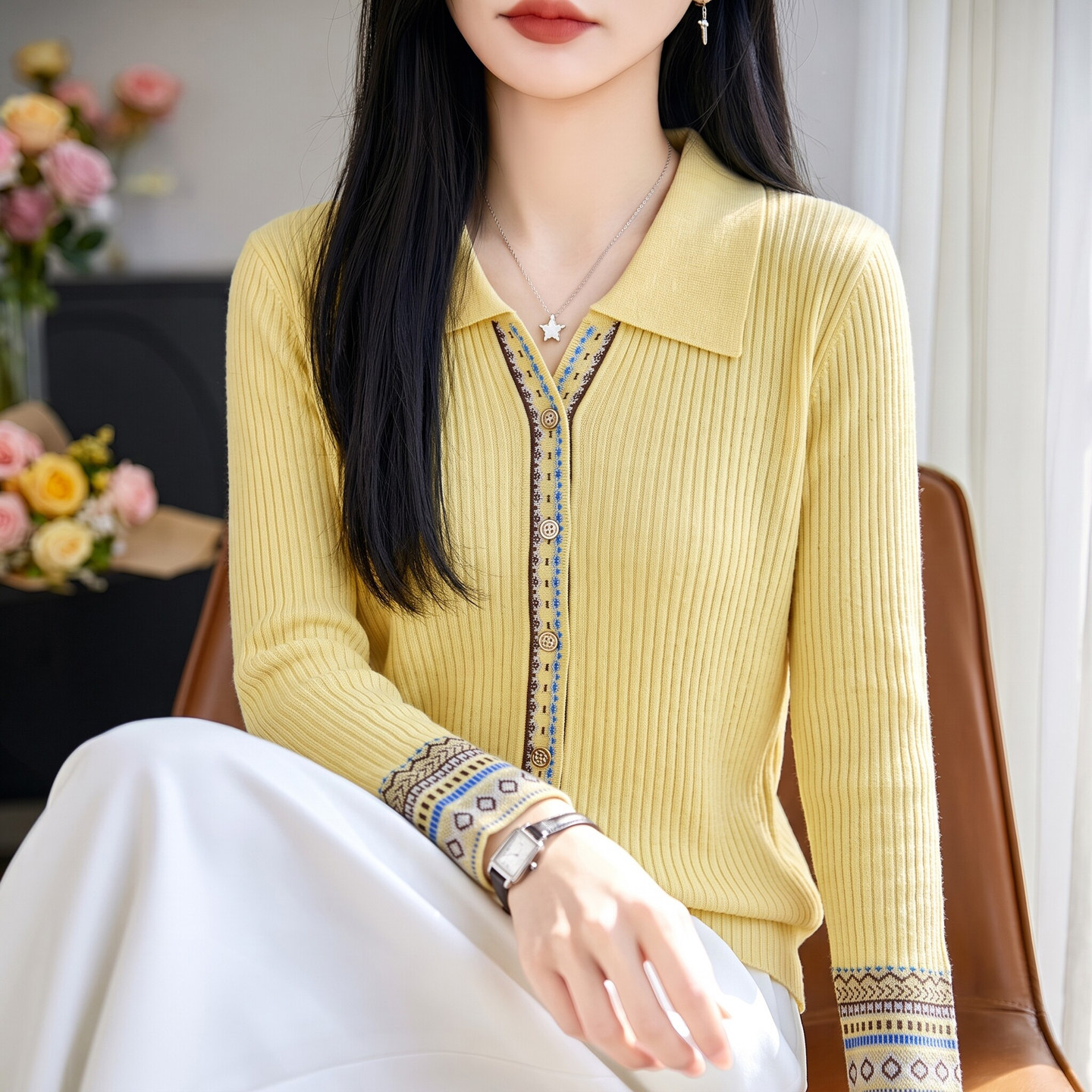 精纺羊毛刺绣显瘦翻领女开衫外套