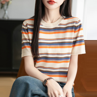 上衣 夏季 圆领100%纯棉条纹拼色短袖 T恤女宽松显瘦棉麻针织衫 半袖