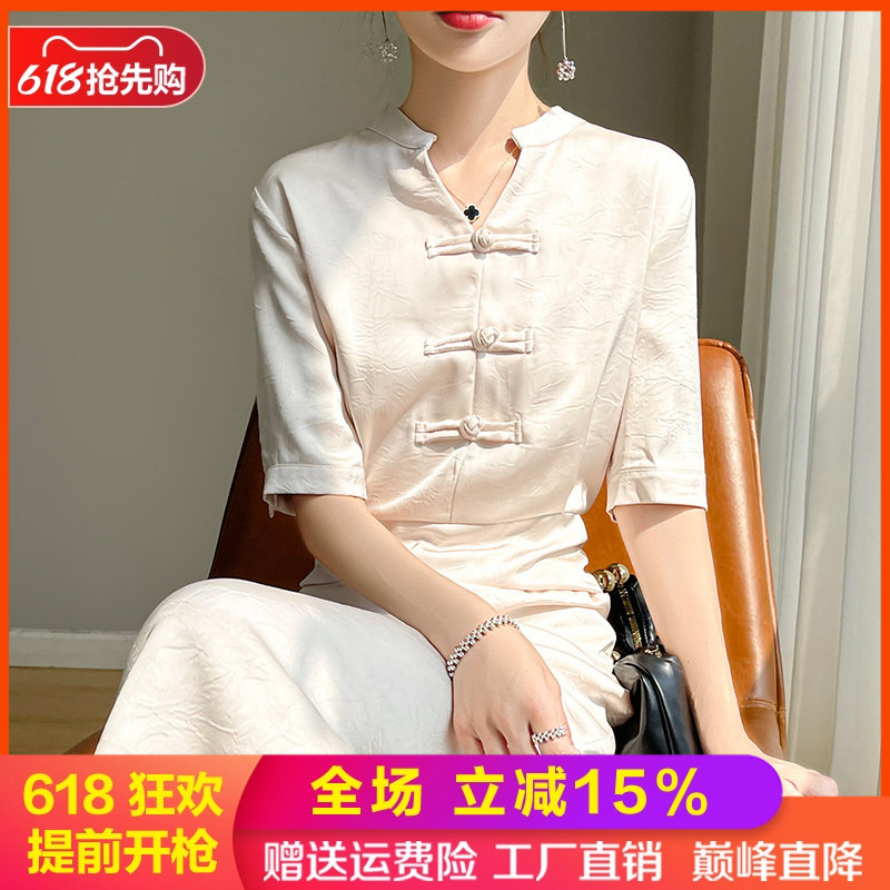 国风新中式真丝短袖盘扣连衣裙女