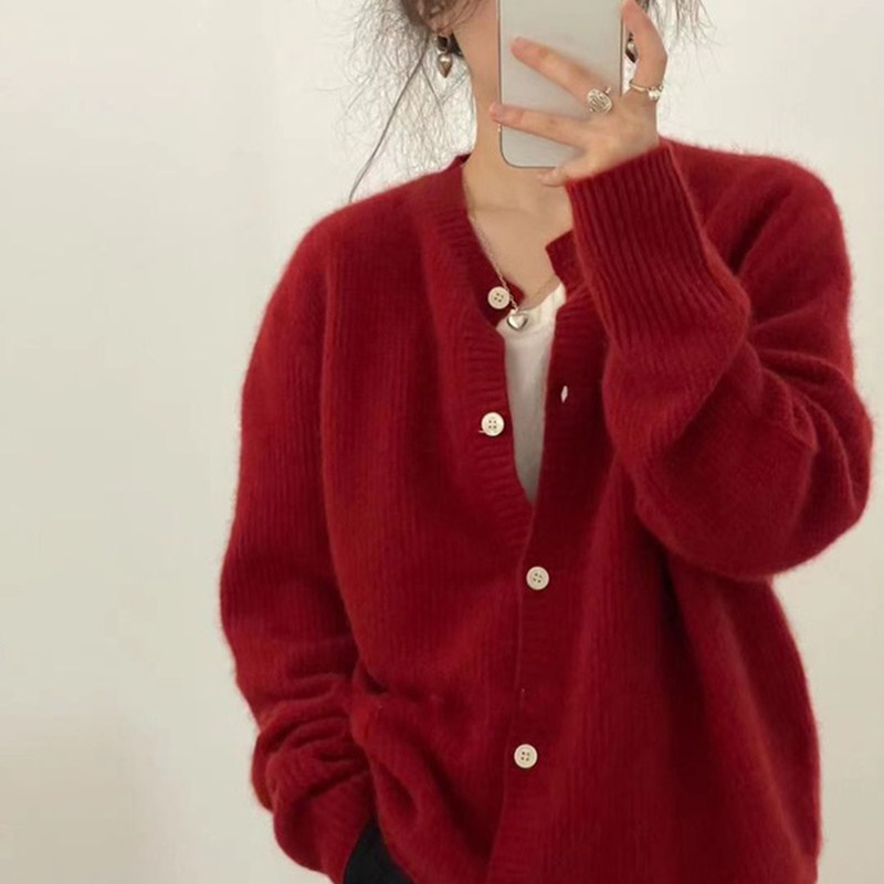 100%纯羊毛开衫女圆领加厚提花针织长袖毛衣宽松慵懒风羊绒衫外套