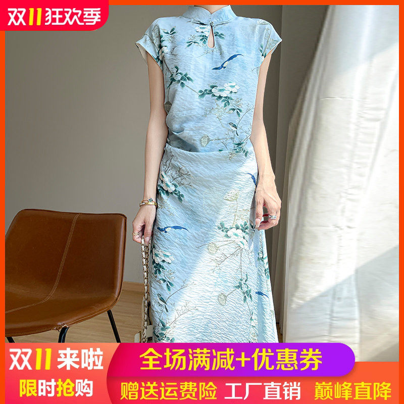 立领盘扣新中式拼色中长款连衣裙