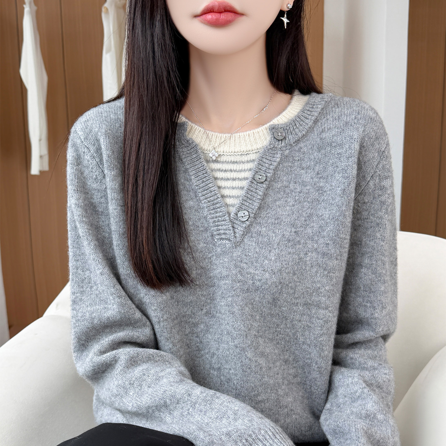 100%纯羊毛女假两件拼色毛衣打底