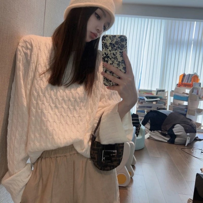 100%纯羊毛衫女麻花圆领套头毛衣