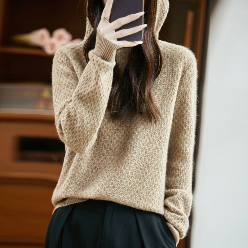 加厚100%纯羊毛衫女连帽针织毛衣