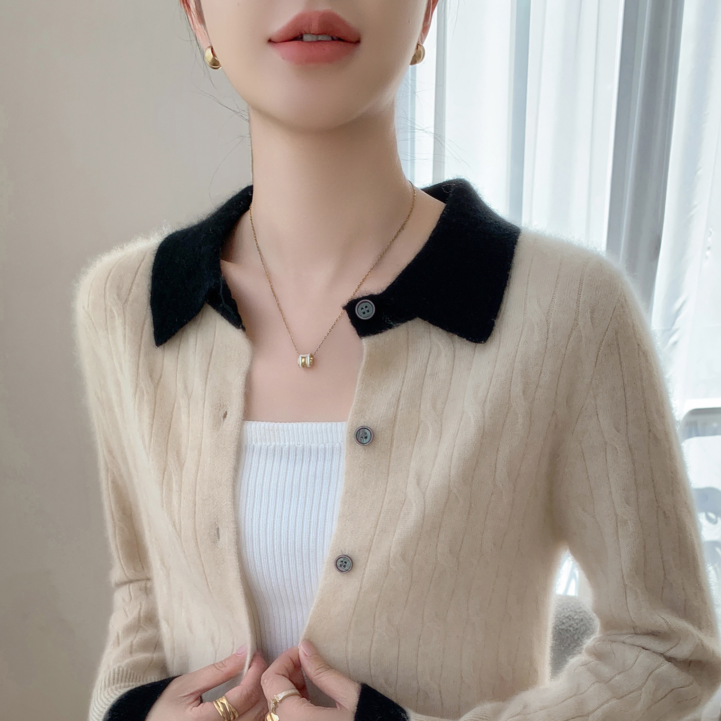 秋冬拼色山羊绒针织开衫女POLO领麻花长袖毛衣外套宽松羊毛衫上衣