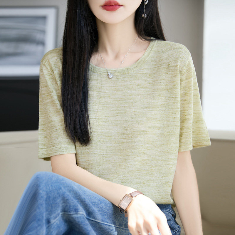 老钱风亚麻彩纱圆领短袖针织背心