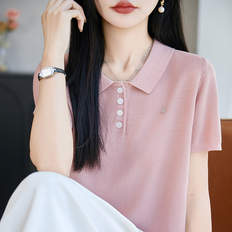 100莱赛尔天丝针织短袖T恤女POLO领纯色纽扣背心上衣宽松半袖打底