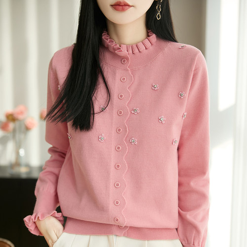 精纺羊毛开衫木耳边镶钻绣花外套