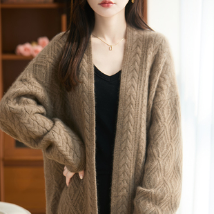 V领宽松慵懒风100%纯羊毛开衫女中长款麻花加厚毛衣羊绒外套上衣