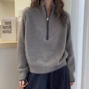 撞色半开拉链高领100%纯羊毛针织衫女冬季宽松慵懒风套头羊绒毛衣