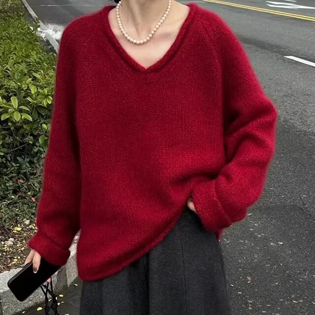 100%纯羊毛衫V领宽松点子纱毛衣