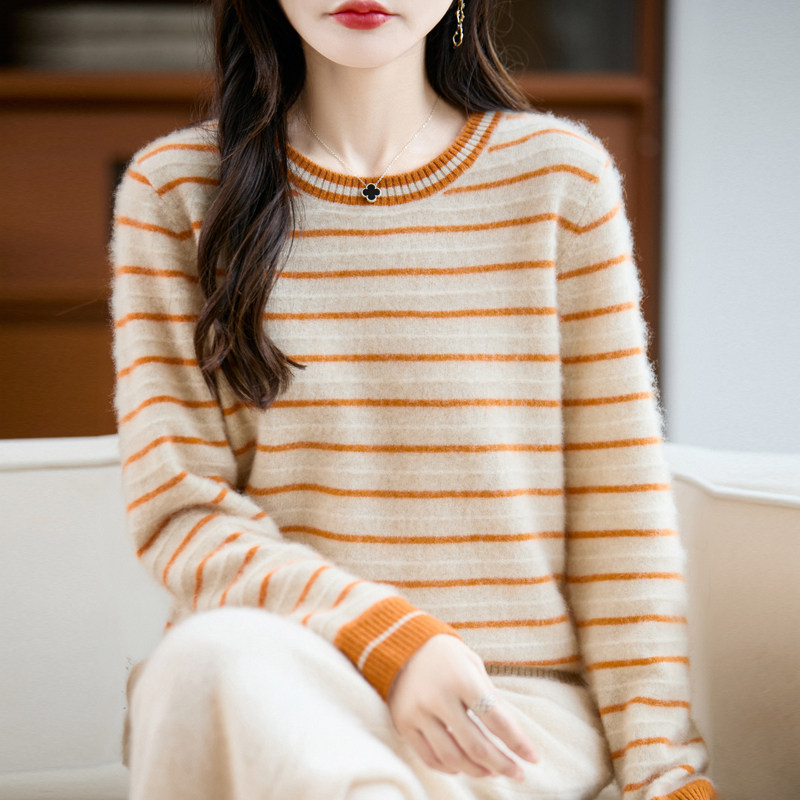 25秋冬100%纯羊毛衫女士圆领条纹撞色针织毛衣宽松羊绒衫打底上衣