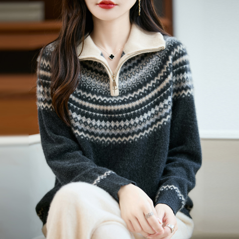 加厚费尔岛拼色拉链100%纯羊毛衫