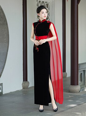 丝绒旗袍2025年新款端庄大气走秀演出服长款优雅改良版连衣裙队服