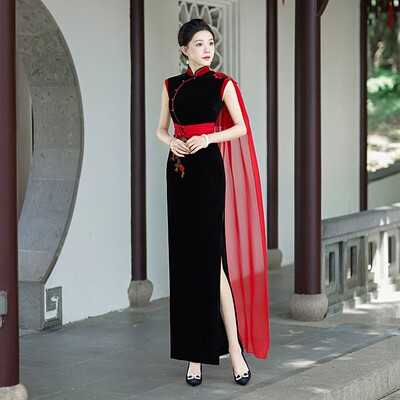 丝绒旗袍2025年新款端庄大气走秀演出服长款优雅改良版连衣裙队服
