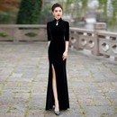 国风复古丝绒长款 学员训练功服女 单开叉古典舞旗袍形体走秀加大码