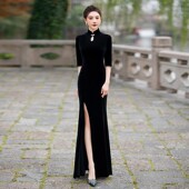 国风复古丝绒长款 单开叉古典舞旗袍形体走秀加大码 学员训练功服女