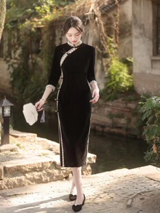 改良版旗袍新款2023年轻款少女黑色老上海长款秋冬季连衣裙新中式