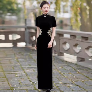 裙 演出服气质优雅中国风连衣裙舞台主持修身 走秀旗袍长款 2025新款