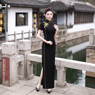 连衣裙 演出服改良日常黑色短袖 模特走秀旗袍高端大气长款 2026新款