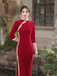 红色回娘家复古民族风中老年女士长袖2023秋冬新款雪尼尔旗袍加厚