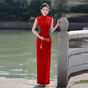 演出服走秀 无袖 丝绒旗袍连衣裙2023年新款 中国等舞台礼仪走秀长款